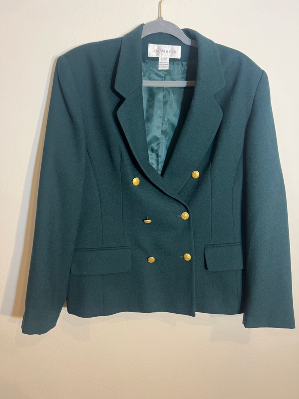 Jones New York Deep Green Double-Breasted Blazer with Gold Buttons Vintage 16